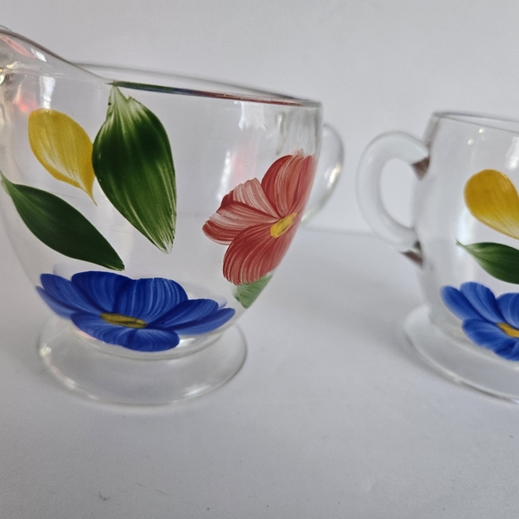 Glass Creamer And Sugar Set Vintage Bartlett Collins Hand Painted - Picture 8 of 8